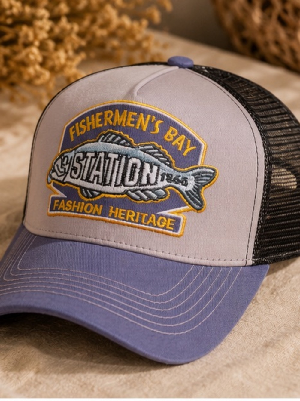Vintage Fisherman’s Bay Trucker Hat | Blue Gray Mesh Snapback